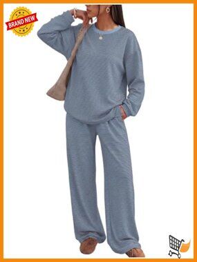 Women's 2 Piece Striped Rayon Spandex Lounge Set Wide Leg Pants